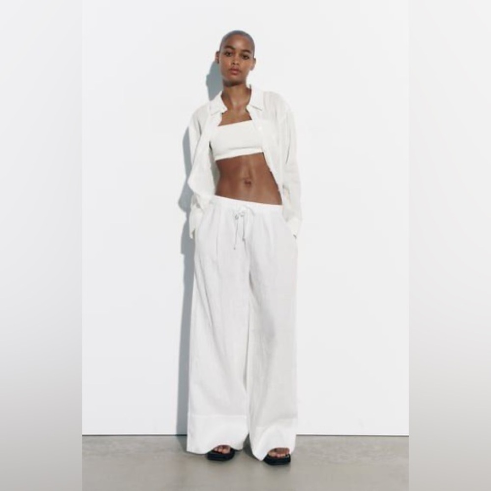 Zara White Wide-Leg Women's Pants